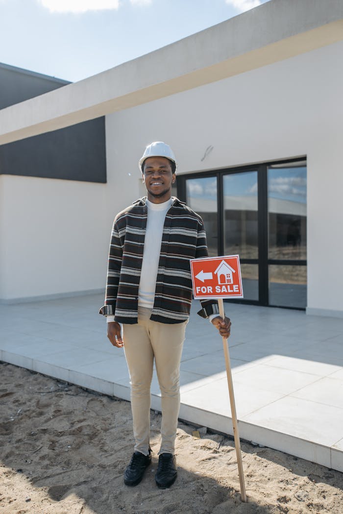 A real estate agent with a hard hat holding a For Sale sign outside a modern house.